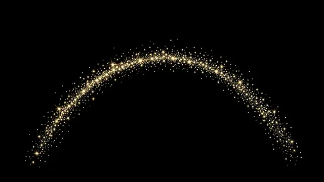 A wide curved arc of glowing golden sparkles and tiny stars floats against a solid pure black background
