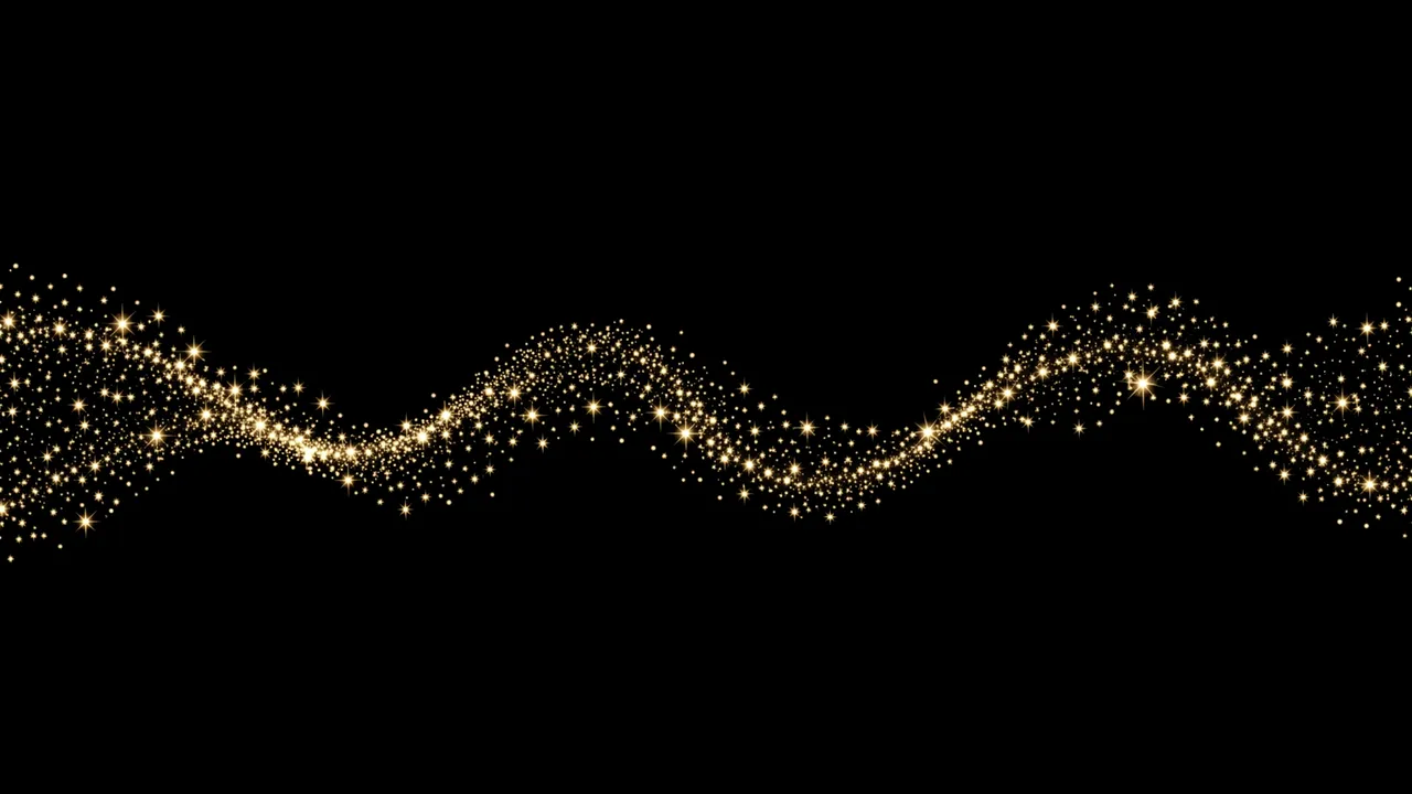 A flowing wavy line of glowing golden sparkles stretches across a solid pure black background