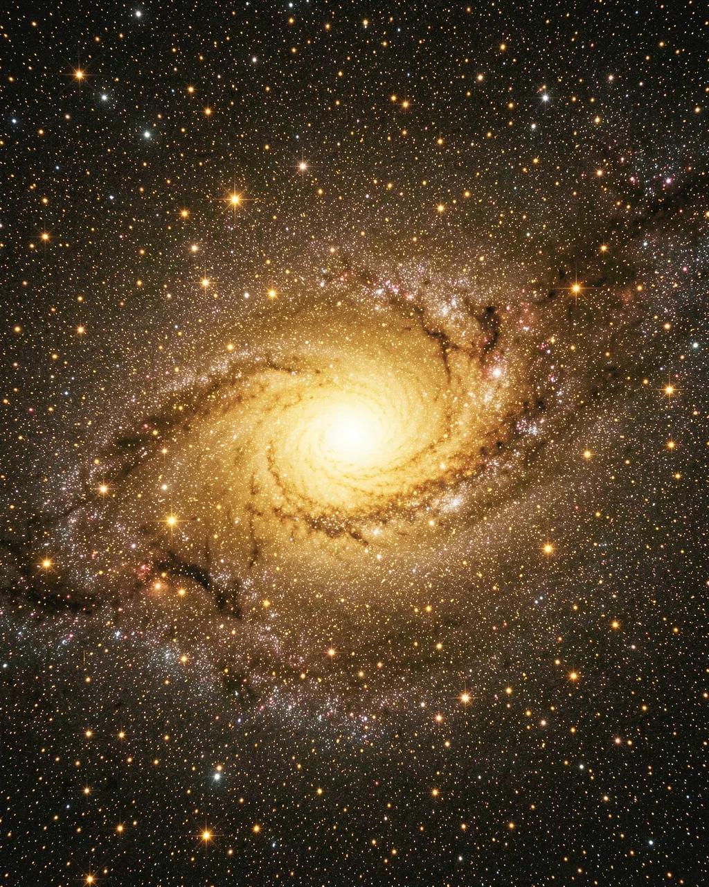 A close view of a swirling spiral galaxy with a bright golden core, dense stars and dark interstellar dust lanes