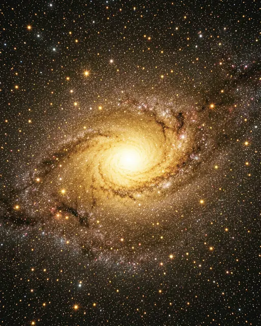 A close view of a swirling spiral galaxy with a bright golden core, dense stars and dark interstellar dust lanes