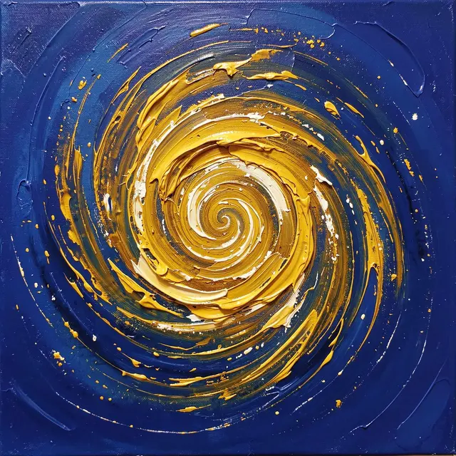 Thick impasto oil painting of a swirling golden spiral galaxy set against a deep navy blue background