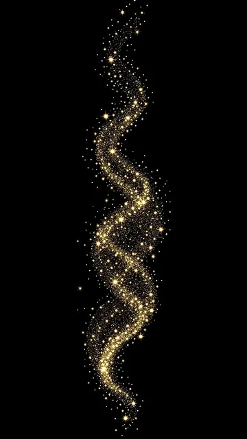 A vertical upward swirling trail of glowing golden fairy dust and tiny stars on a solid black background