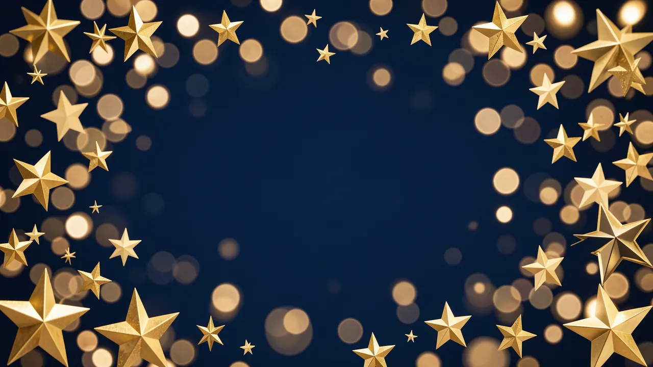 Deep dark blue background framed by shiny gold stars and soft warm golden bokeh lights with empty central copy space