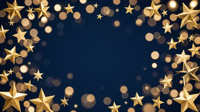 Deep dark blue background framed by shiny gold stars and soft warm golden bokeh lights with empty central copy space