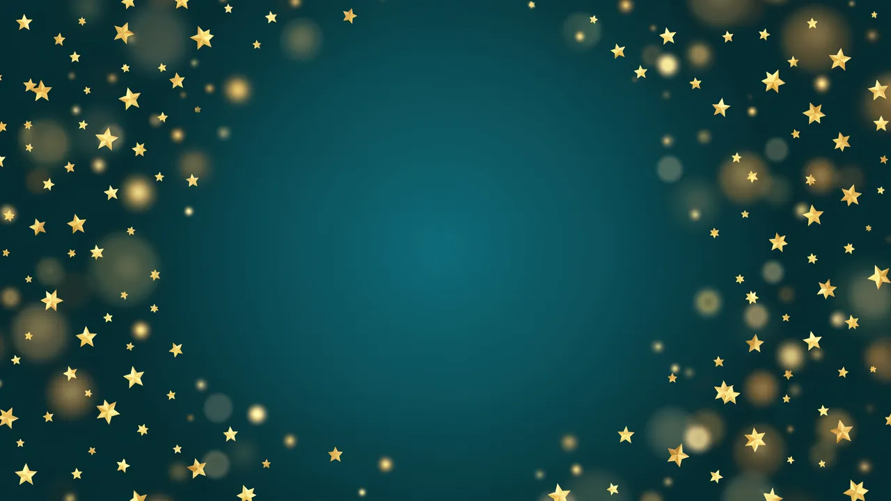 Deep teal gradient background framed by scattered golden stars and soft warm bokeh with empty central copy space