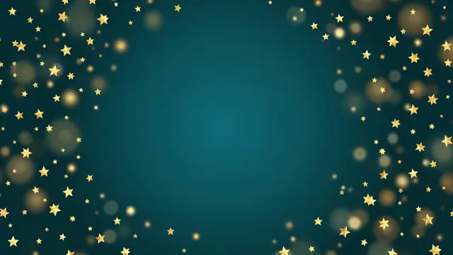 Deep teal gradient background framed by scattered golden stars and soft warm bokeh with empty central copy space