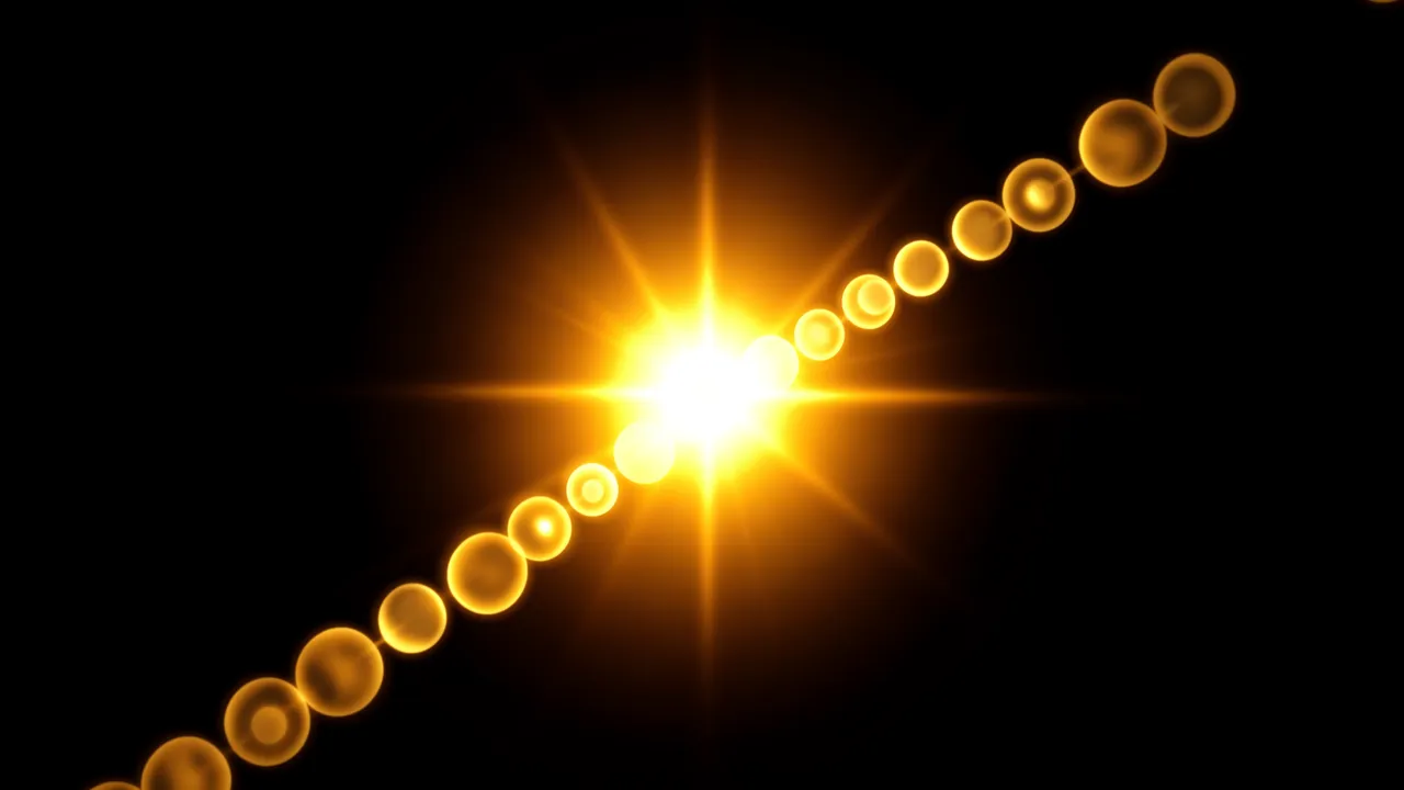 Warm golden sun flare with a diagonal chain of soft round lens orbs set against a pure black background