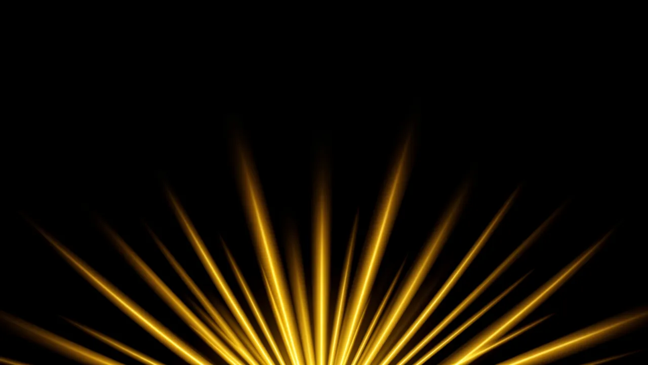 Glowing golden light rays fan upward from the bottom edge against a solid pure black background