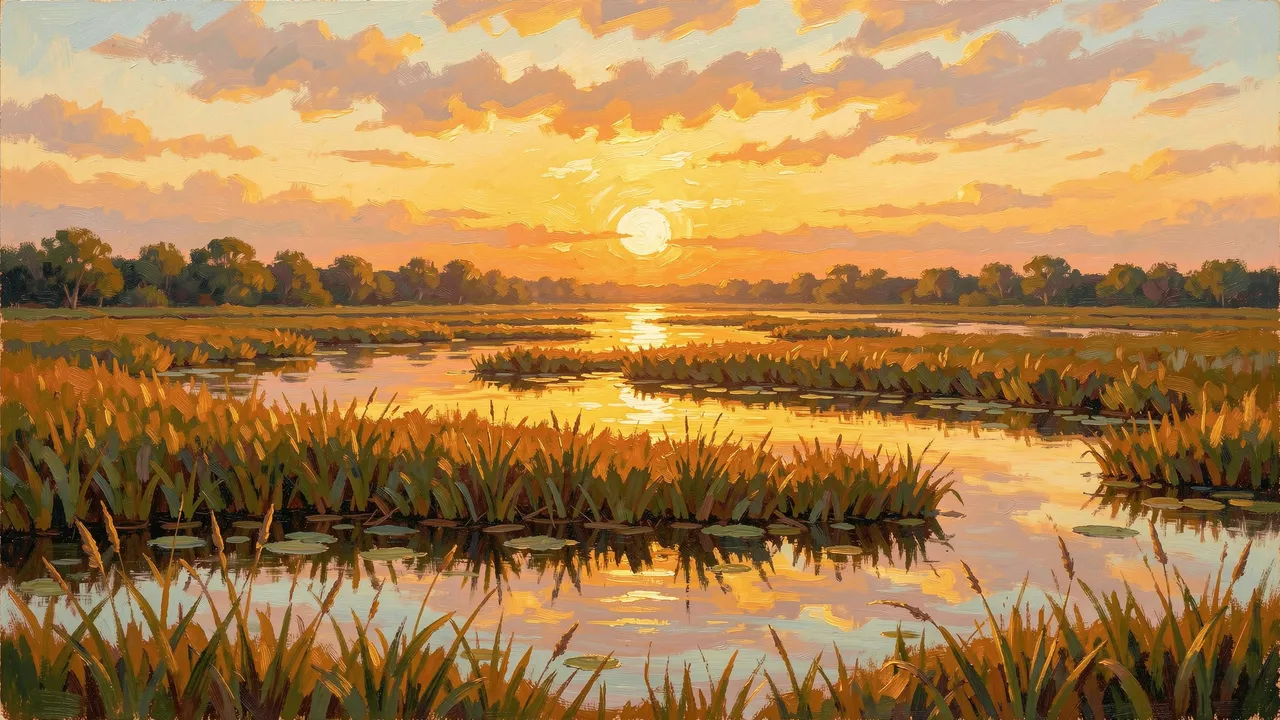 Impressionist oil painting of a glowing golden sunset over calm marshland with reflective pools and tall reeds