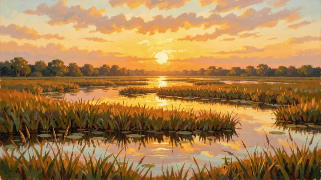 Impressionist oil painting of a glowing golden sunset over calm marshland with reflective pools and tall reeds