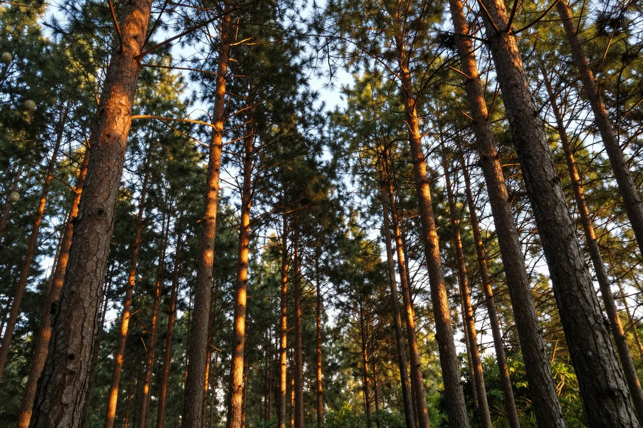Looking up at tall pine trunks lit by warm low sunset light against a pale sky