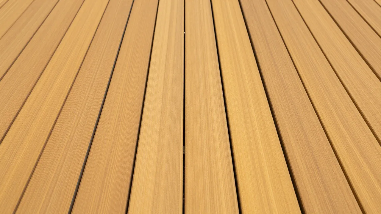 Full frame top view of parallel golden teak deck planks separated by thin dark seams