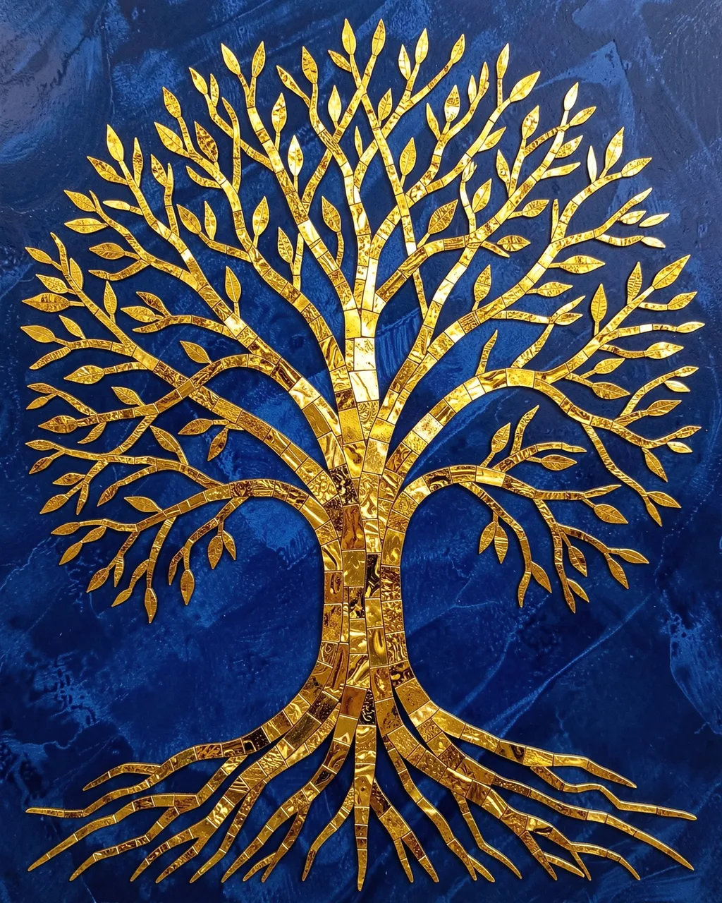 Shiny golden mosaic tree of life set against a textured deep blue background