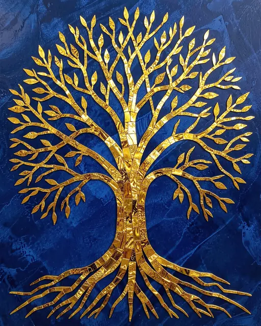 Shiny golden mosaic tree of life set against a textured deep blue background