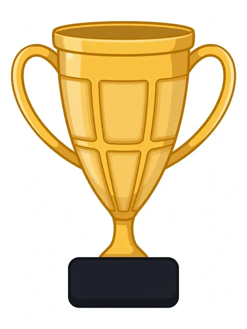 Flat clipart style golden trophy cup with curved handles on a dark rectangular base, isolated on a light background