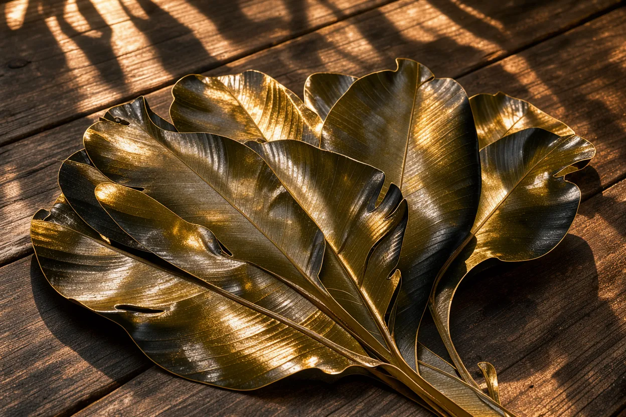 Glossy gilded tropical leaves rest on dark rustic wooden planks with dappled warm sunlight shadows