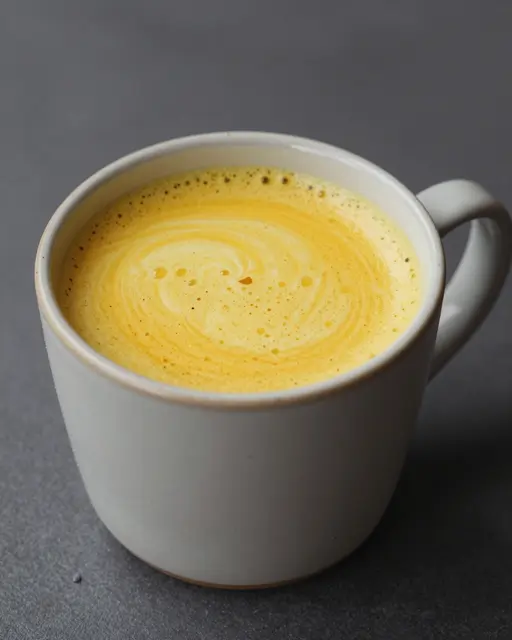 A creamy frothy golden turmeric latte sits in a light ceramic mug on a dark gray surface.