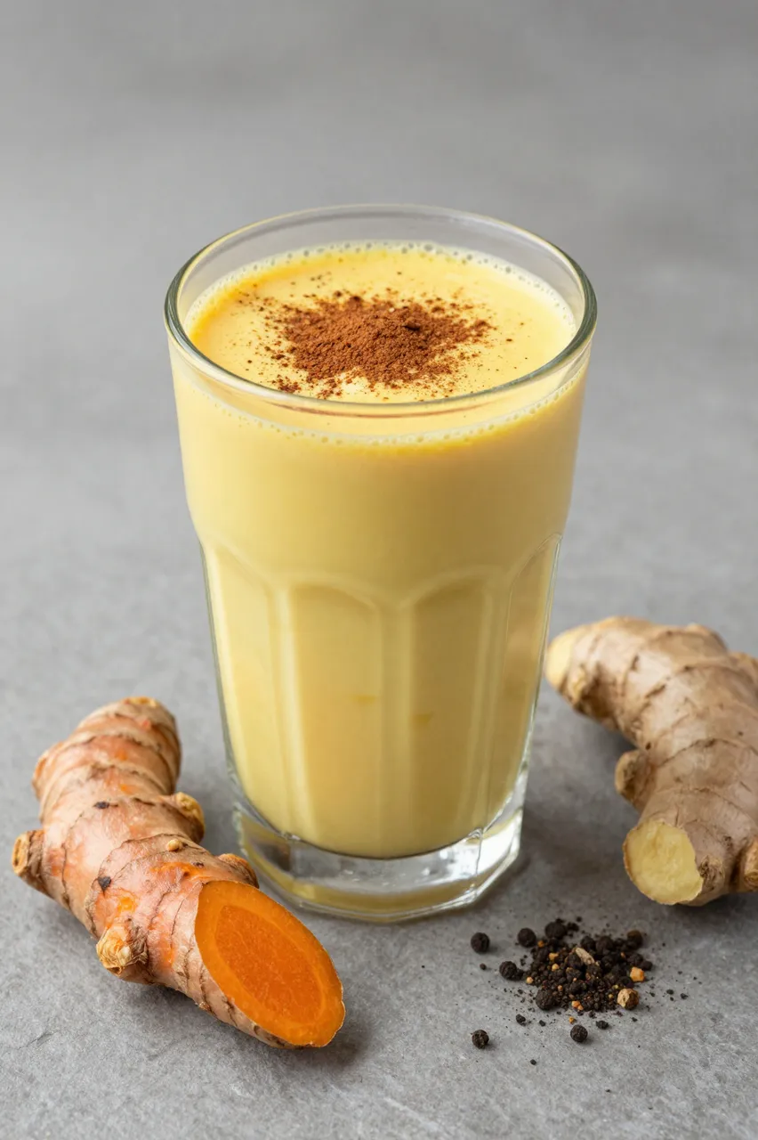 A clear glass of turmeric latte dusted with cinnamon sits with fresh roots and pepper on a gray stone surface.