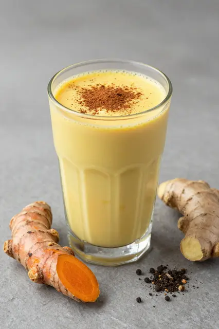 A clear glass of turmeric latte dusted with cinnamon sits with fresh roots and pepper on a gray stone surface.