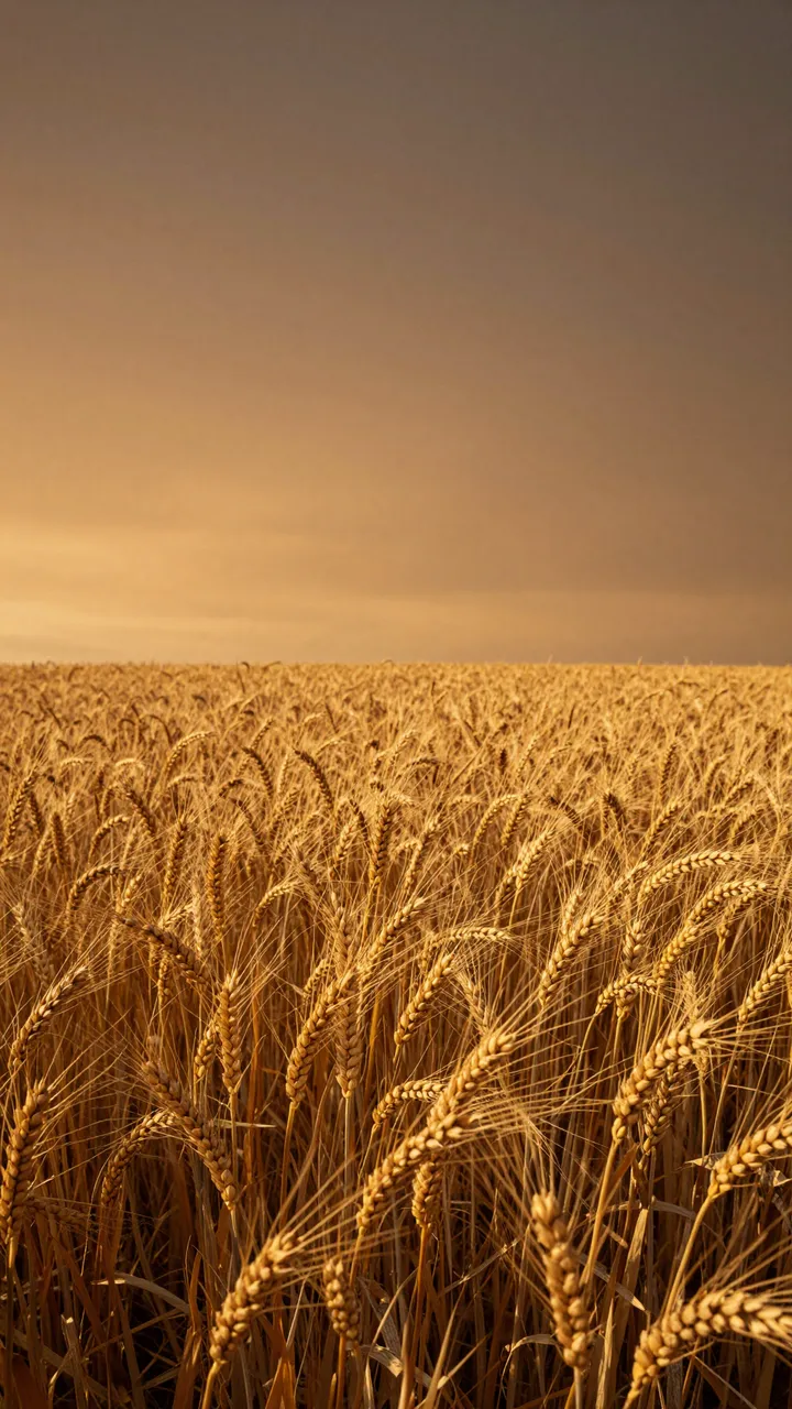Vertical view of a ripe golden wheat field stretching under a warm amber sunset sky