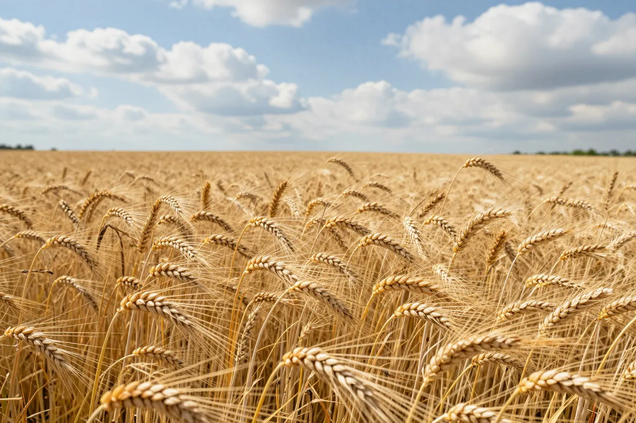 Close-up view of ripe golden grain ears stretching across a vast field under a bright blue sky with fluffy white clouds