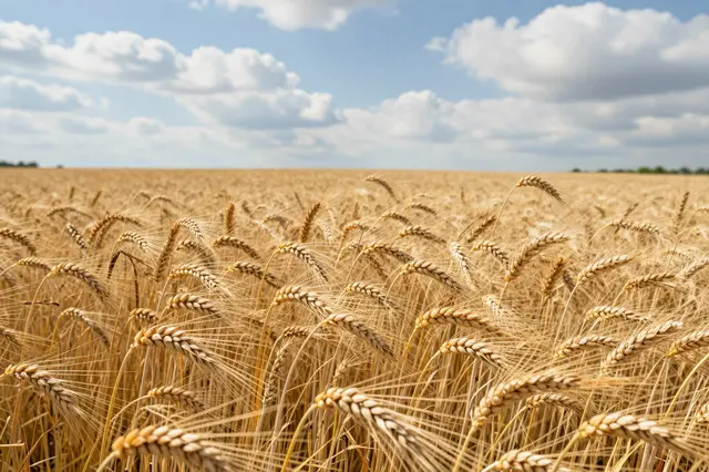 Close-up view of ripe golden grain ears stretching across a vast field under a bright blue sky with fluffy white clouds