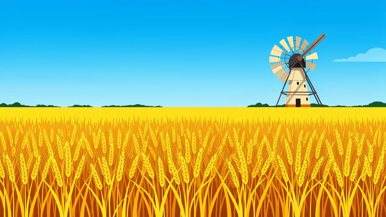 A flat vector illustration shows a traditional windmill standing in ripe golden wheat under a bright clear blue sky.