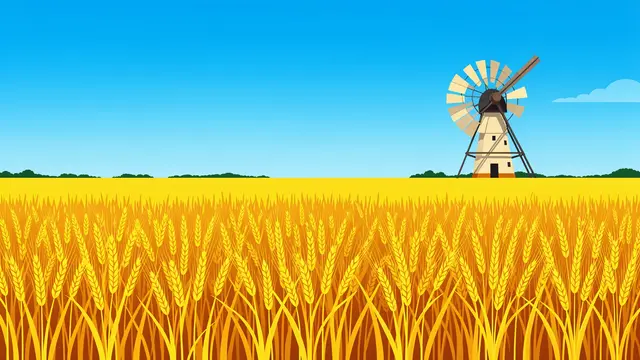 A flat vector illustration shows a traditional windmill standing in ripe golden wheat under a bright clear blue sky.