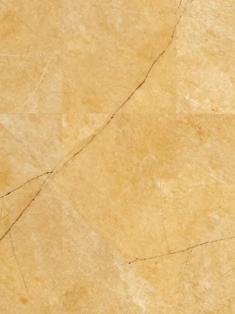 Full frame close-up of golden yellow marble with natural dark brown veining under flat even lighting