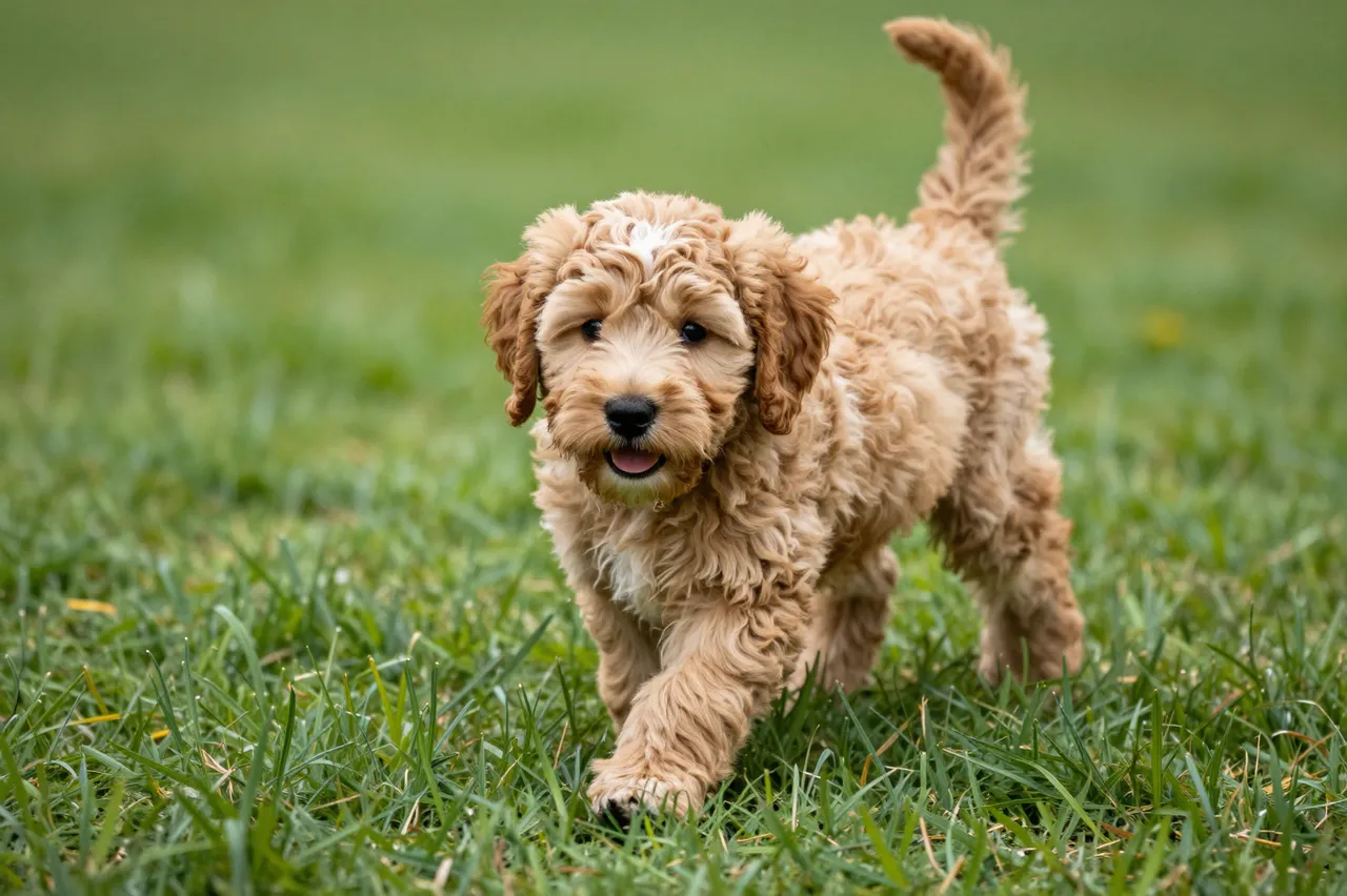 A fluffy light brown goldendoodle puppy walks toward the camera across lush green grass.