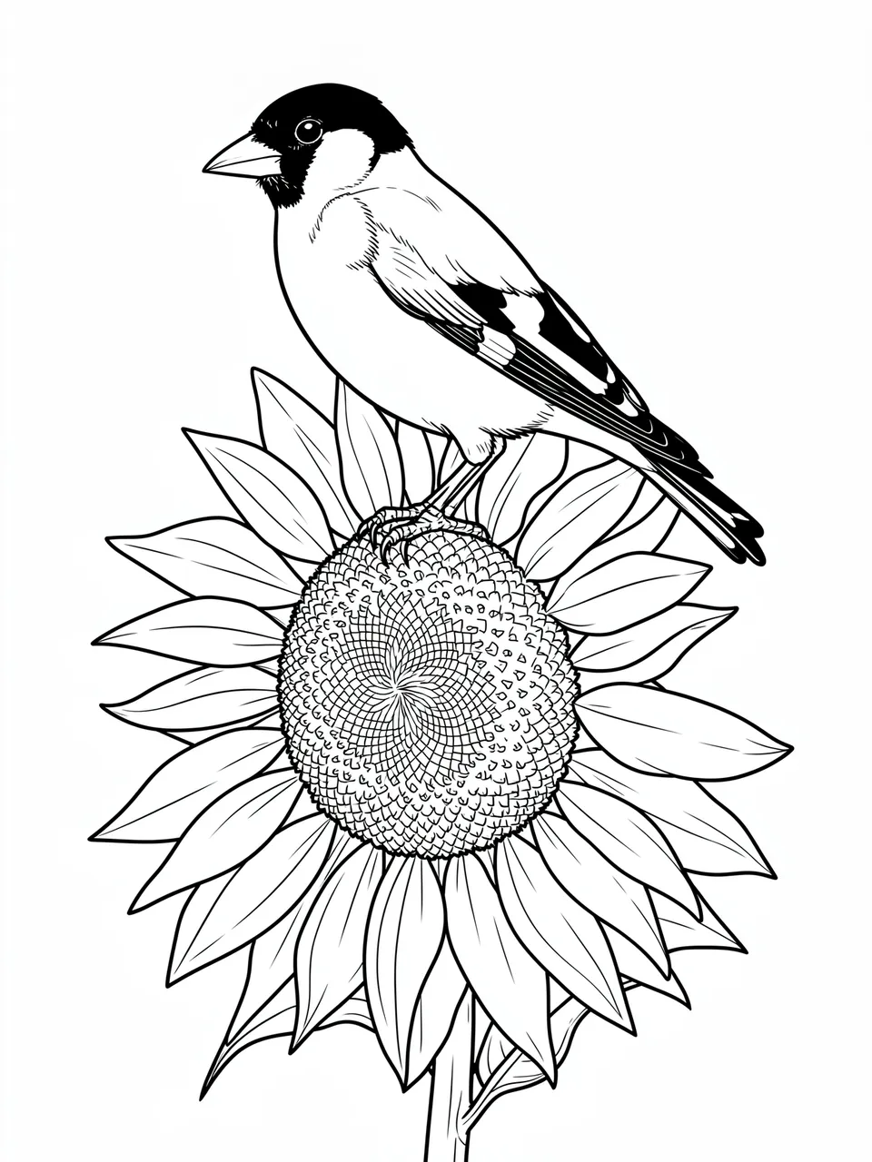 Black and white line art of a goldfinch perched on the center of a sunflower head against a plain white background