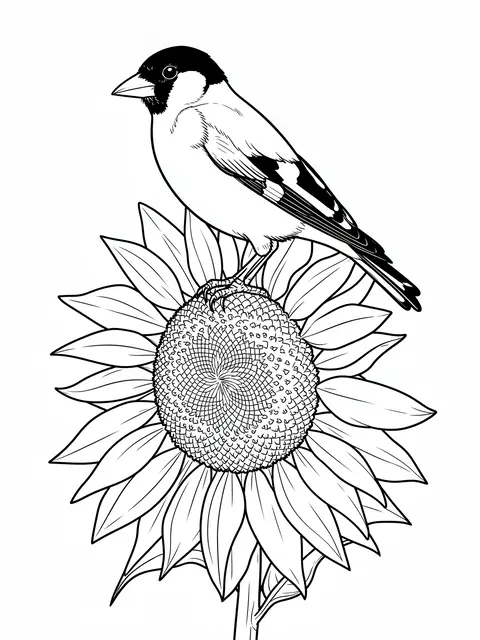 Black and white line art of a goldfinch perched on the center of a sunflower head against a plain white background