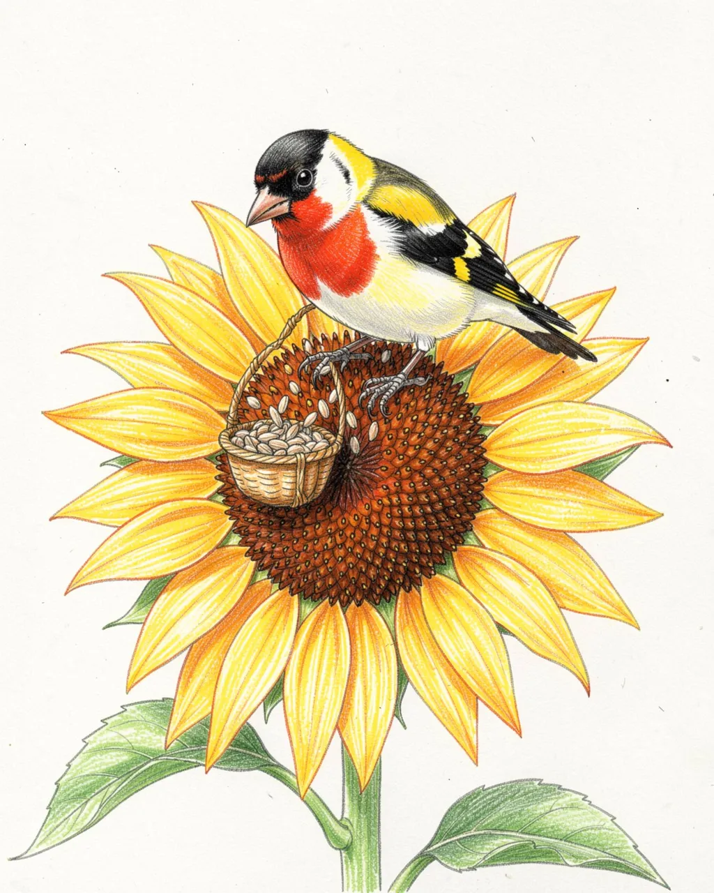 Colored pencil drawing of a goldfinch perched on a sunflower head next to a tiny seed basket