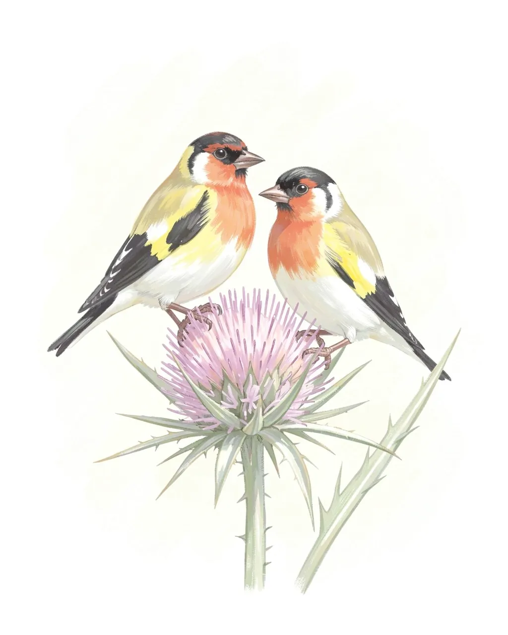 Two European goldfinches perch together on a blooming pink thistle flower in a soft pastel illustration