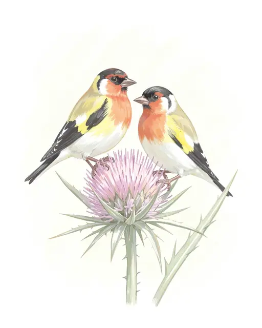 Two European goldfinches perch together on a blooming pink thistle flower in a soft pastel illustration