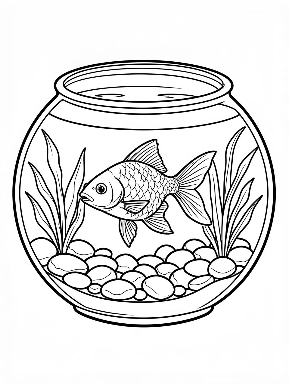 Black and white bold line art of a goldfish swimming inside a round fish bowl with pebbles and aquatic plants.