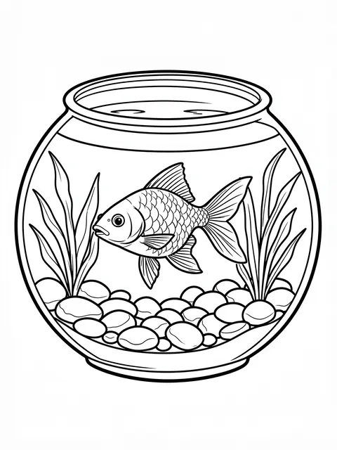 Black and white bold line art of a goldfish swimming inside a round fish bowl with pebbles and aquatic plants.