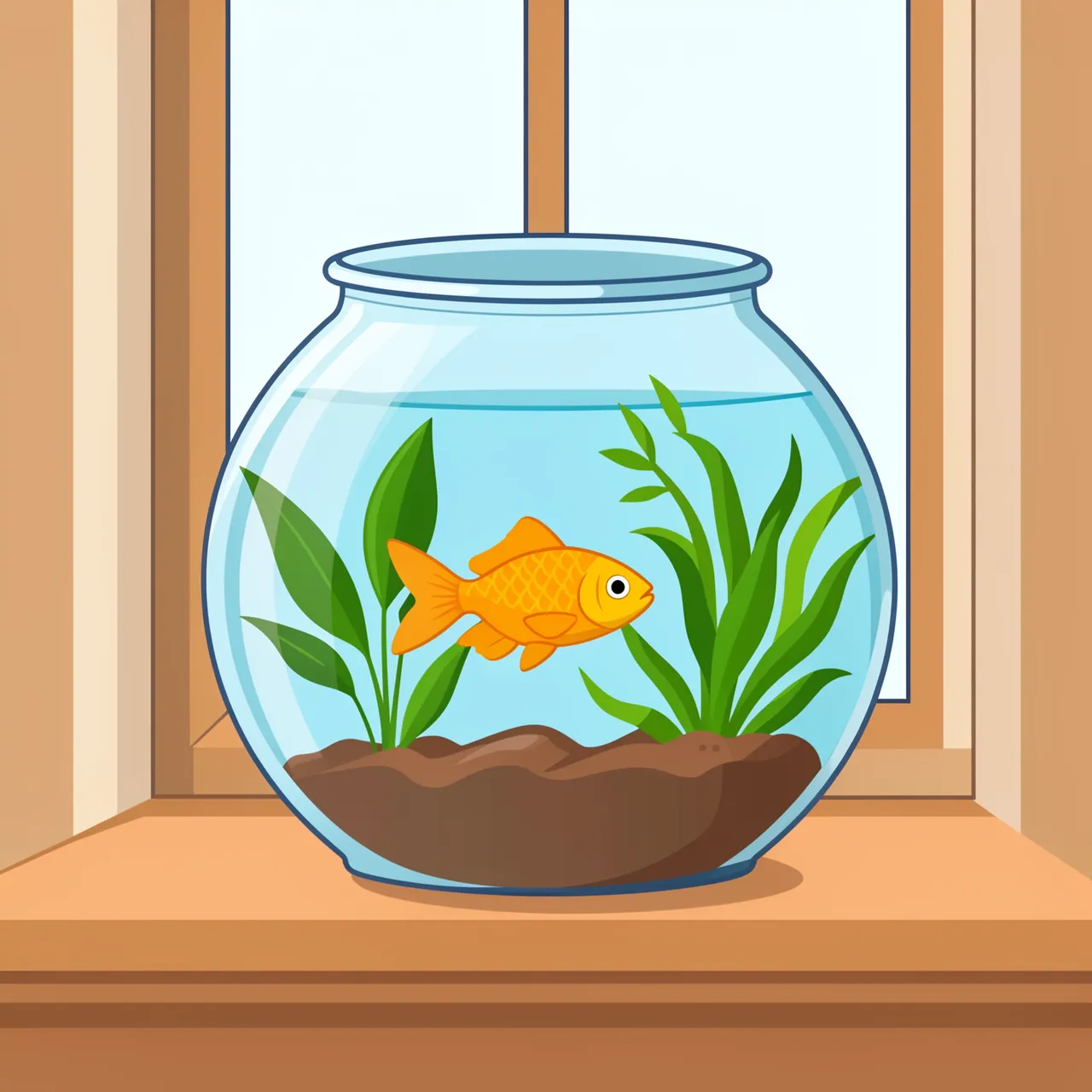 A round glass fishbowl with a goldfish and aquatic plants sits on a wooden windowsill in front of a window.