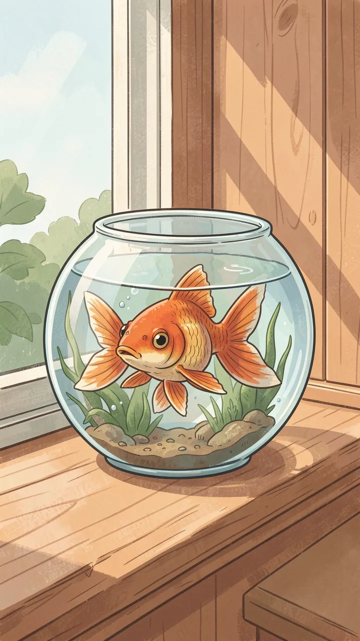 A round glass goldfish bowl with aquatic plants sits on a sunlit wooden windowsill beside a window showing outdoor foliage.
