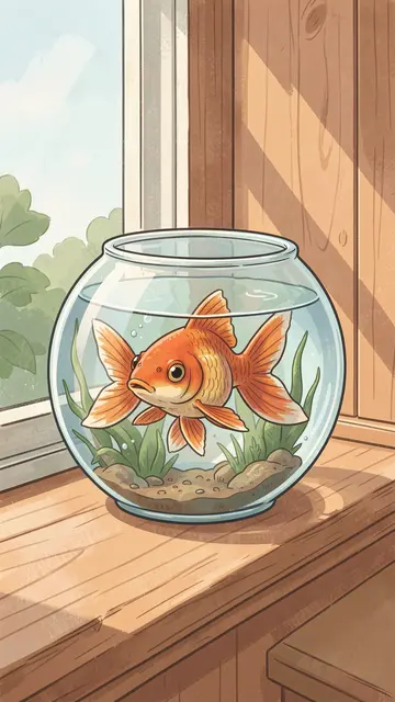 A round glass goldfish bowl with aquatic plants sits on a sunlit wooden windowsill beside a window showing outdoor foliage.