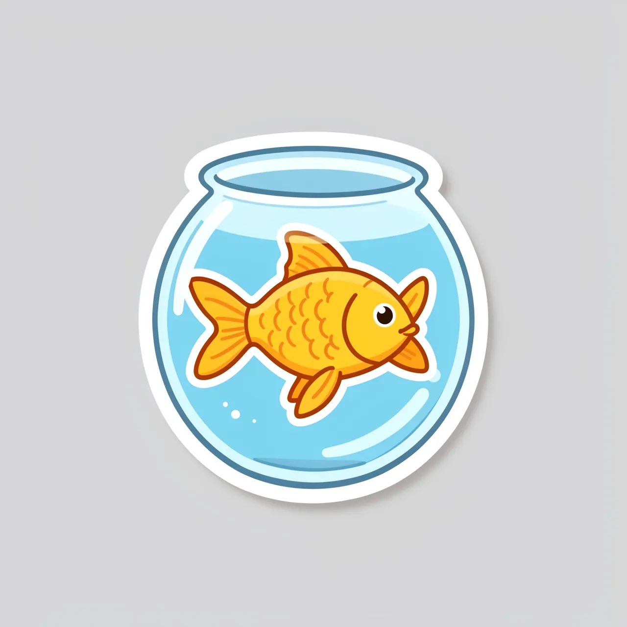 Die-cut sticker of a cute goldfish in a round glass bowl on a light gray background