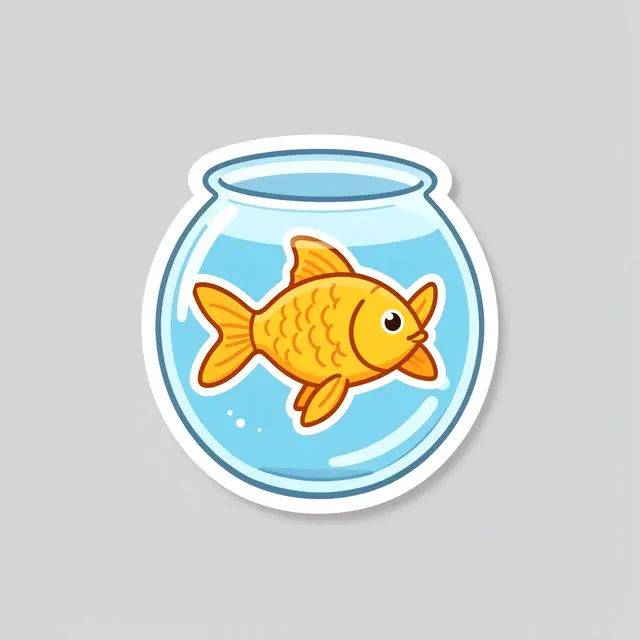 Die-cut sticker of a cute goldfish in a round glass bowl on a light gray background