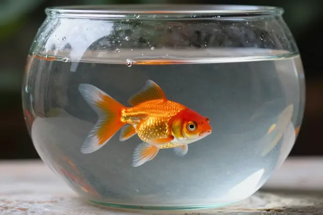 A bright orange goldfish swims inside a clear round glass bowl filled with water.