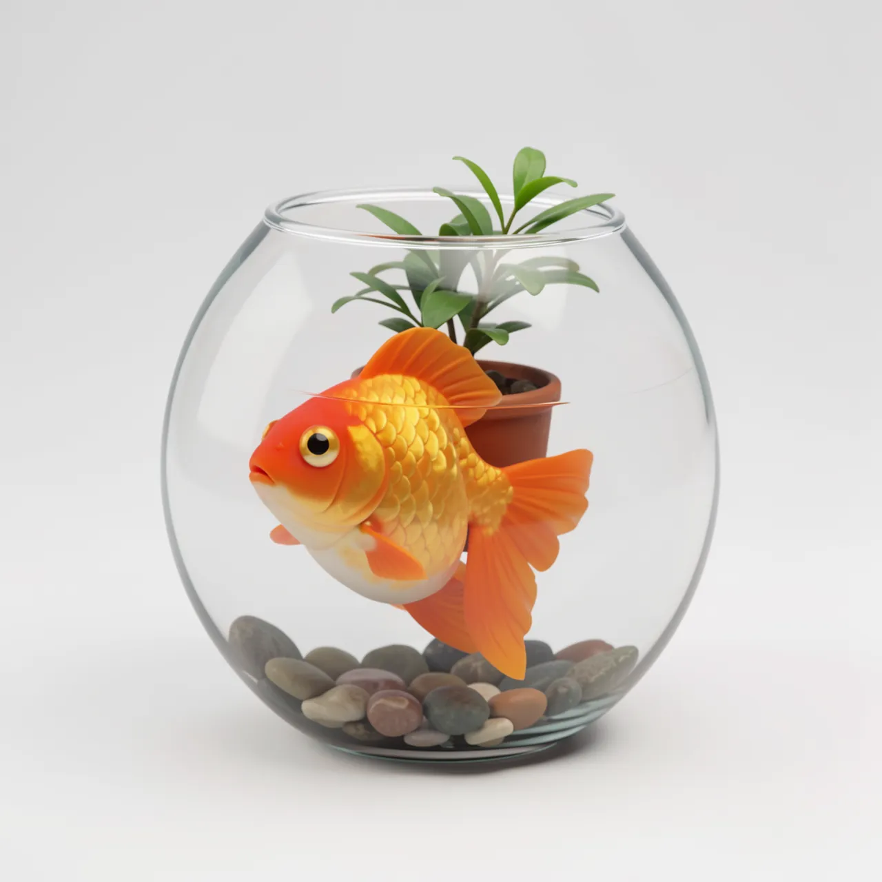 A round glass fishbowl holds an orange goldfish, smooth pebbles, and a tiny potted plant inside.