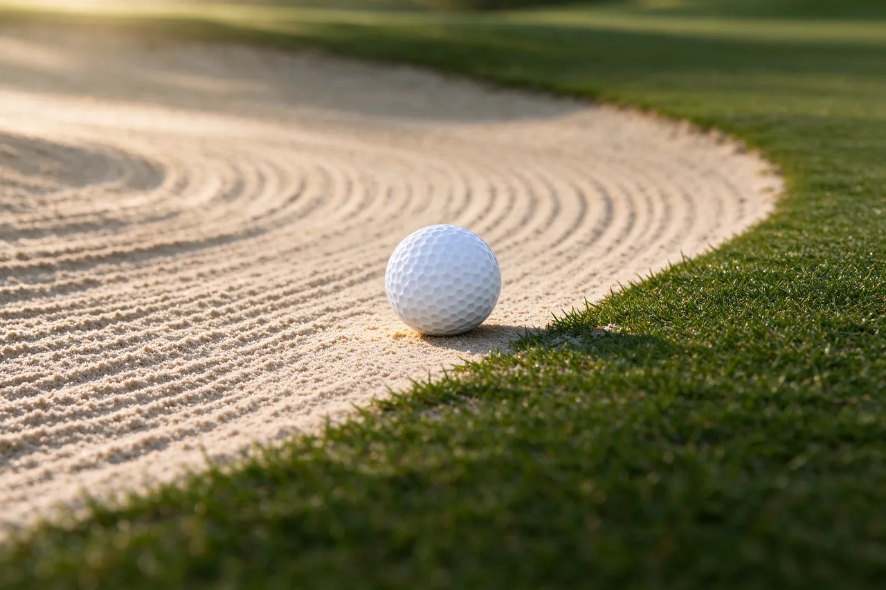 A white golf ball rests on raked sand at the edge of a golf bunker in warm morning light