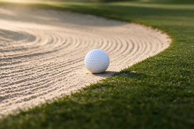 A white golf ball rests on raked sand at the edge of a golf bunker in warm morning light