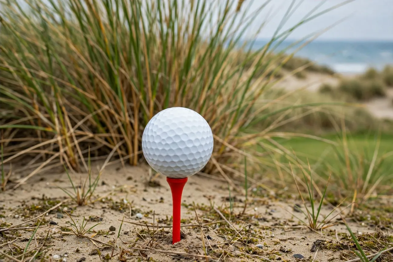 A white dimpled golf ball rests on a red tee set in sand next to dune grass on a coastal golf course
