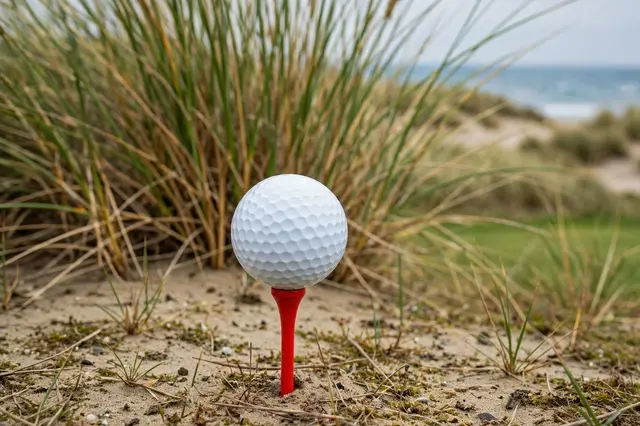 A white dimpled golf ball rests on a red tee set in sand next to dune grass on a coastal golf course