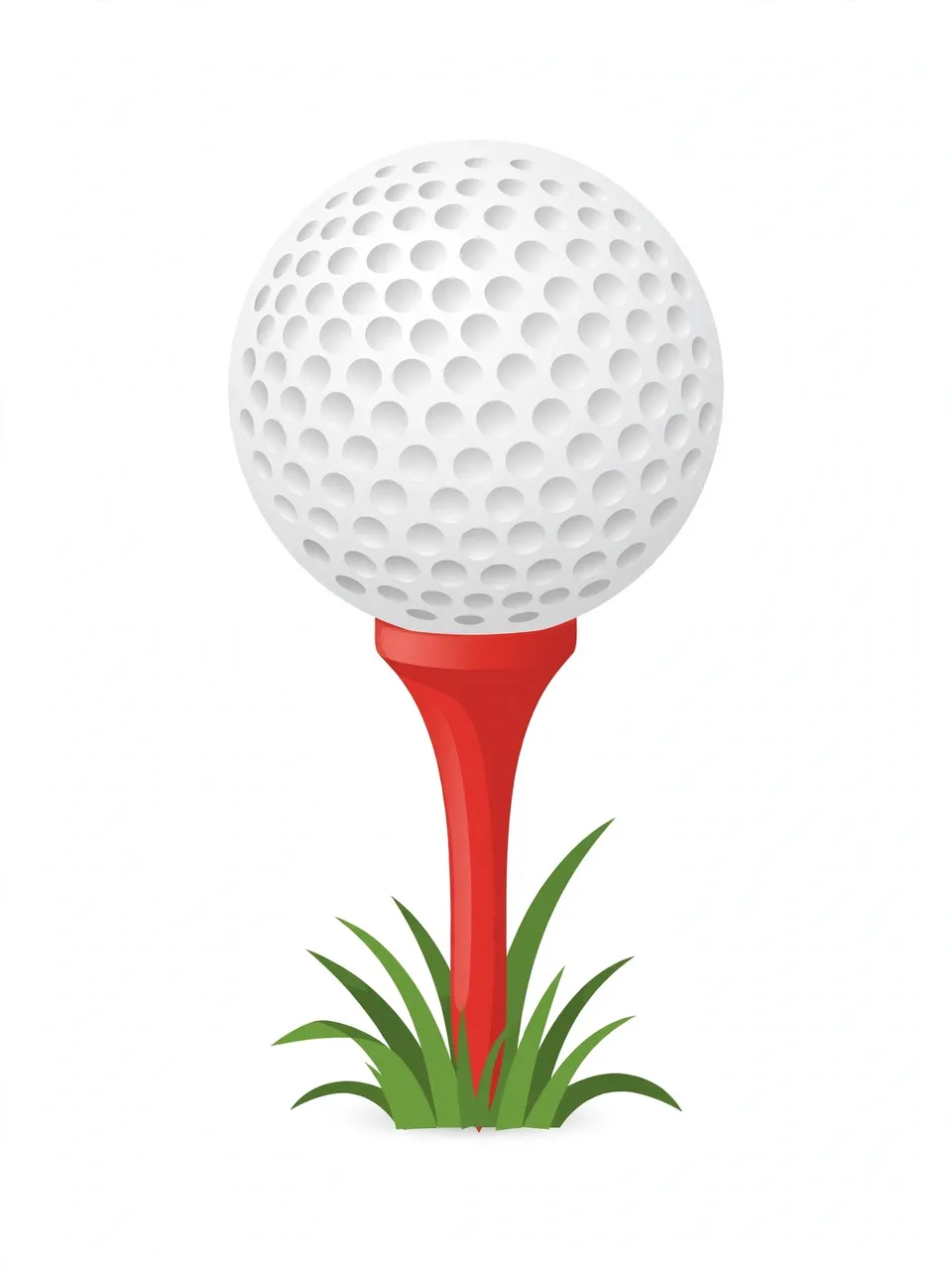 Dimpled white golf ball rests on a red tee next to a tuft of green grass on an off-white background.