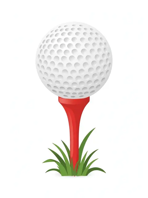 Dimpled white golf ball rests on a red tee next to a tuft of green grass on an off-white background.